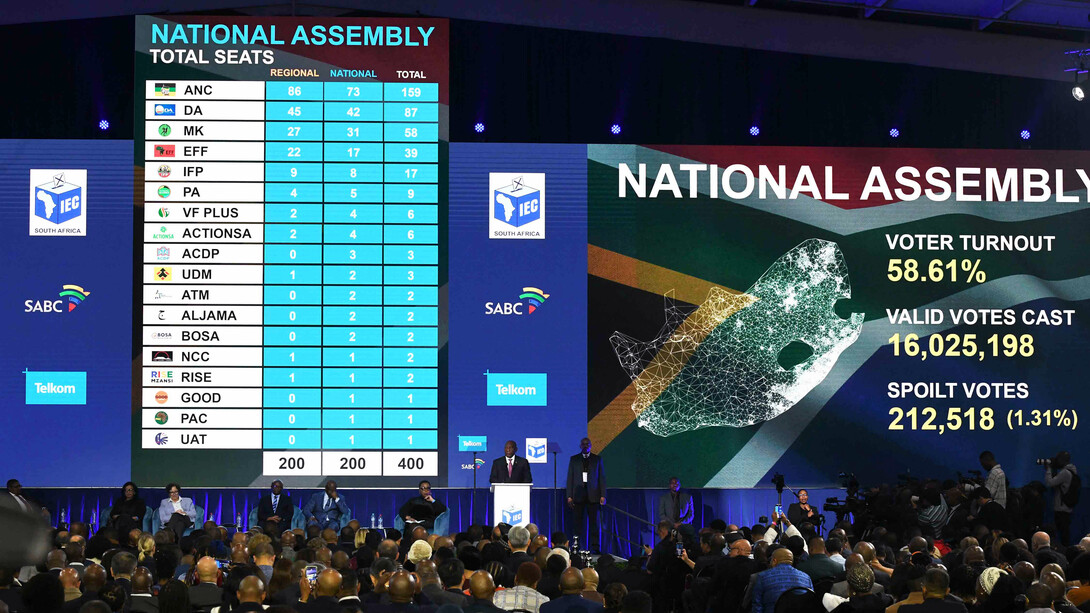 President Cyril Ramaphosa addresses the media and public during the official announcement of South Africa's 2024 election results at Gallagher Estate, Midrand, Gauteng, South Africa, on the 2nd of June, 2024, emphasising the historic significance of the election for independent candidates