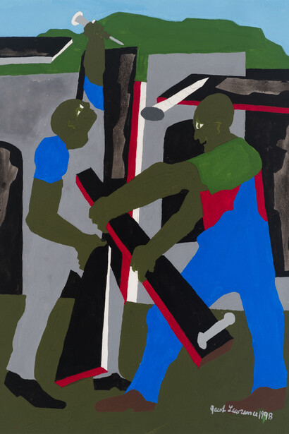 Jacob Lawrence, Builders-green hills, 1998. Courtesy of DC Moore Gallery
