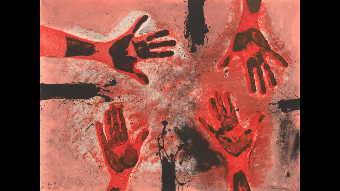 Rufino Tamayo, Manos En Rojo, 1979, color etching, edition of 99 + 15 AP, 22x29 3/4 inches, printed by Taller de Gráfica, Mexico, pPublished by Ediciones Polígrafa, Barcelona. Photo by Pierre Le Hors. Courtesy of Marlborough Graphics New York