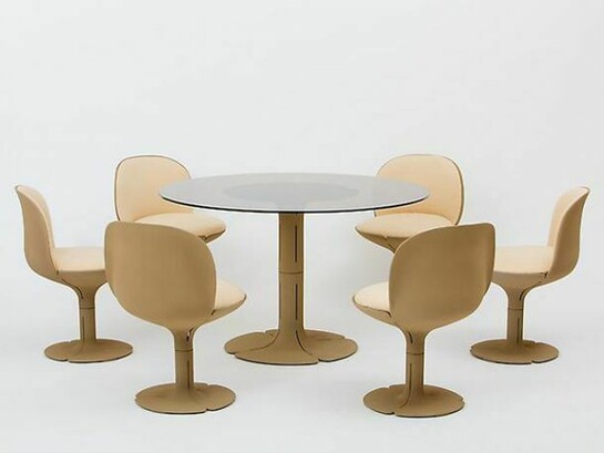 Pierre Paulin, Elysee Dining Suite with 6 chairs, 1971, Table: painted cast aluminum, smoked glass; each seat: painted cast aluminum, fabric. Table: 28.25 x 47.25 inches, 71.8 x 120 cm. Each chair: 29.75 inches H, 75.6 cm. Edition Alpha International