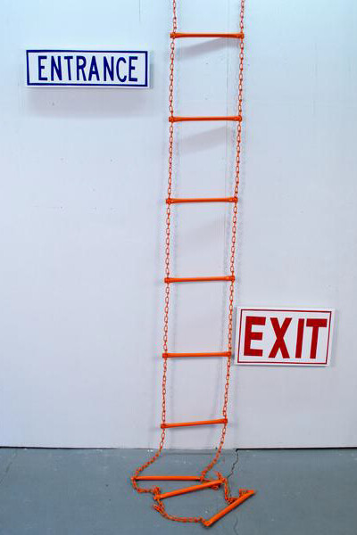 Ethel Shipton, Ladder, metal ladder and wood panel and sign vinyl, 10 x 4"