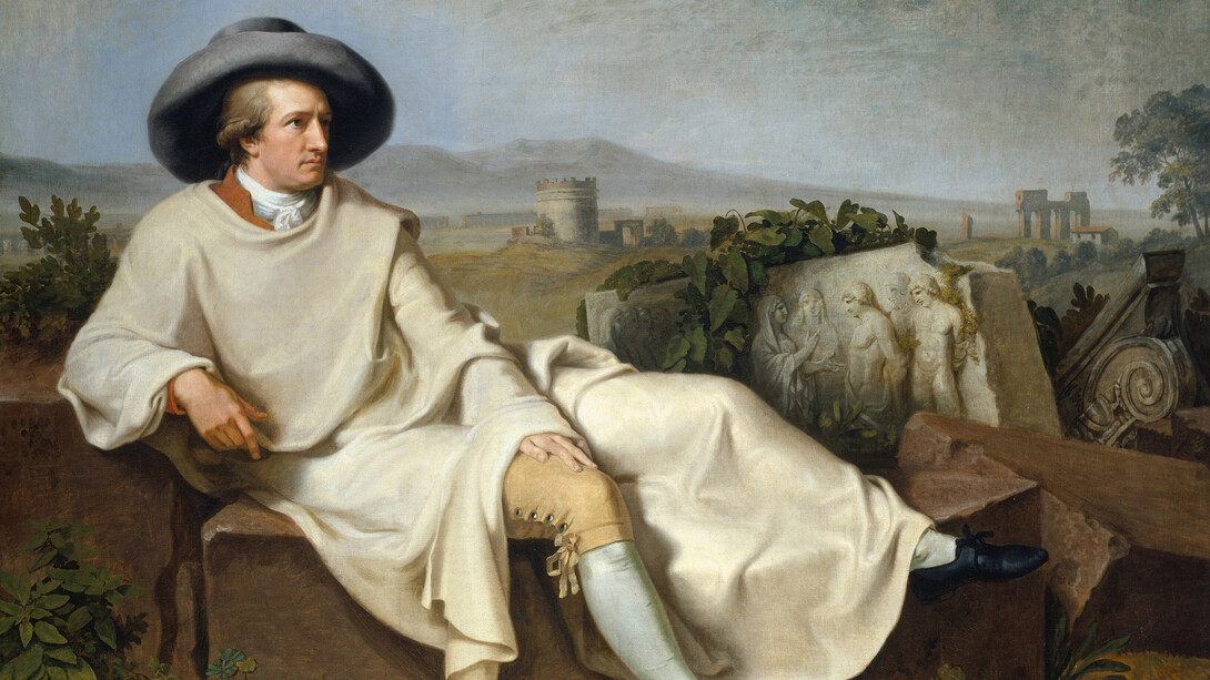 Johann Heinrich Wilhelm Tischbein, 1751 – 1829. Goethe in the Roman Campagna, 1787. 164 x 206cm. On loan from the Städel Museum, Frankfurt am Main. © U. Edelmann - Städel Museum – Artothek. Gutenberg Bible: The opening page of the second volume, Parabole or Proverbs of the Gutenberg Bible. Mainz,1455. © British Library Board