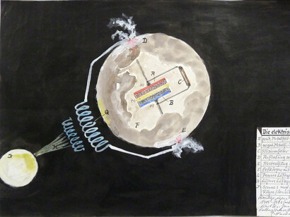 Karl Hans Janke, Die Elektrische Erde, 1956
(KHJ/P 06A), Mischtechnik auf Papier / mixed media on paper 30 x 42 cm. Courtesy Delmes & Zander, Berlin/ Köln