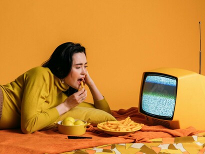 A woman casual snacking beside an old television, symbolising the low-effort comfort of ambient TV culture