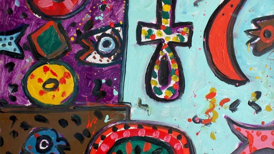 Alan Davie, 1920-2014, ‘Catch the Tail Find the Fish No.2’, Oil on board, 1967, 49 x 61 cm. From: De Parma