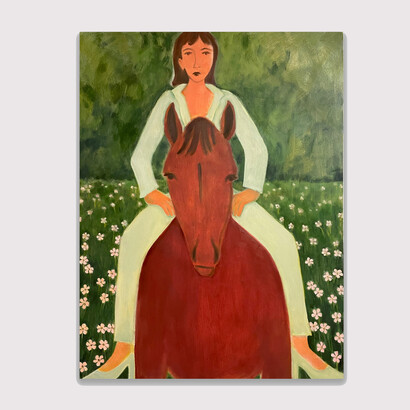 Meghan Borah, Girl and Horse with Pink Flowers, 2023. Oil on Canvas, 45.50h x 33.50w in. Courtesy of Galleri Urbane