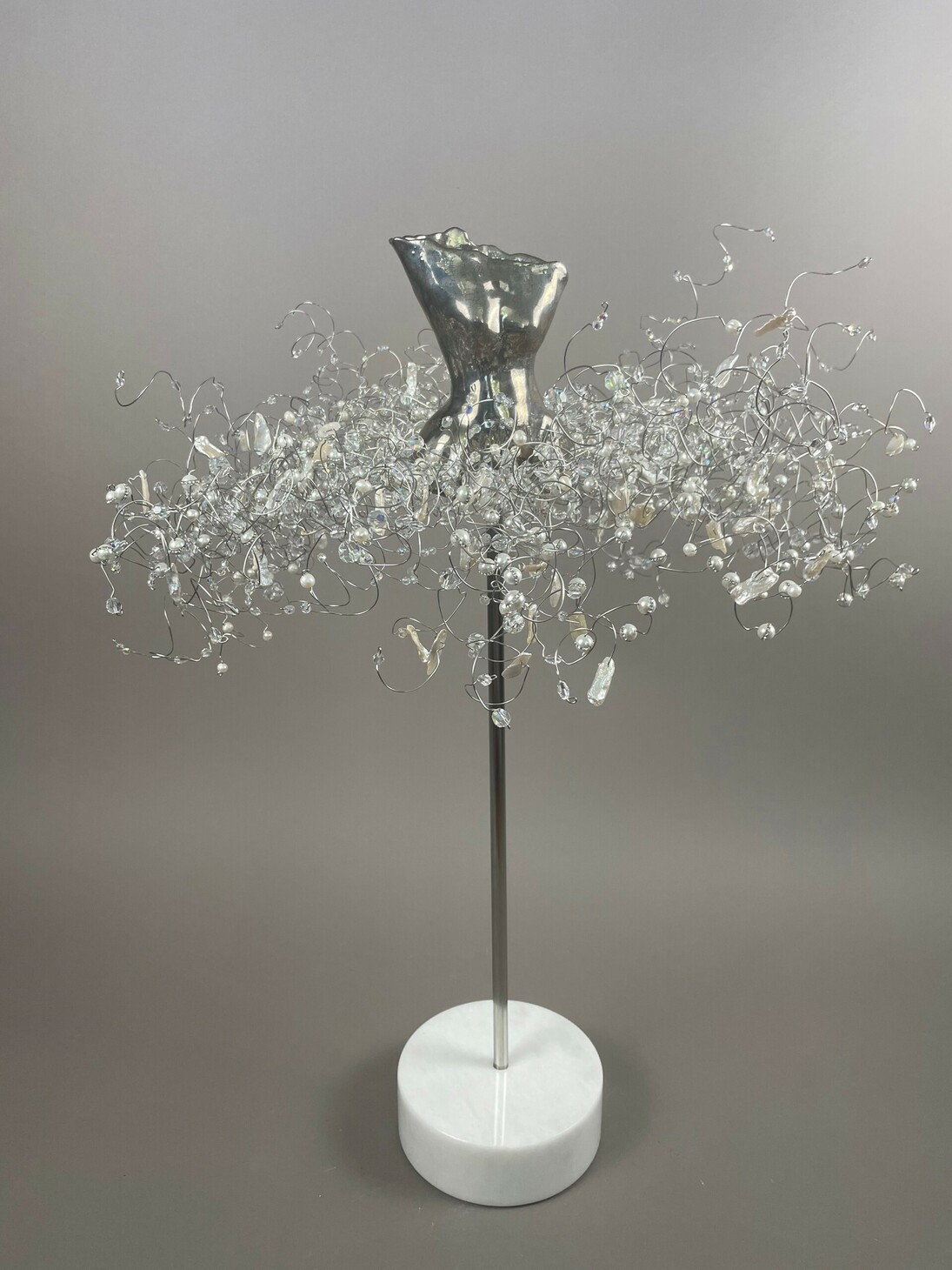 Estella Fransbergen, EF 22305, clay, white overglaze, white pearl with European crystals; round white marble base, 25x18x18 in