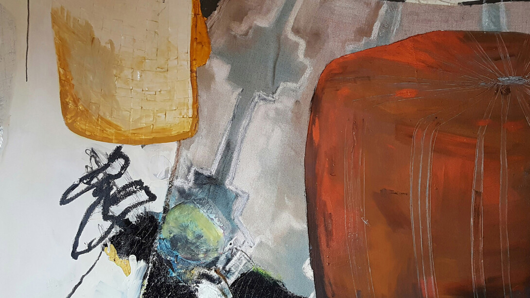 Ashley Sauder Miller. Lose, Lose Yourself, 2017. Acrylic, oil, oil pastel, balsa wood, vintage quilt, vintage run on panel. 16