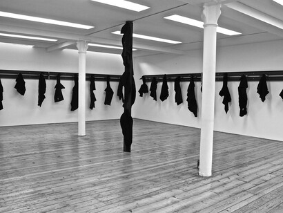 Jannis Kounellis, Untitled, 2014, iron beams, knives and torn coats, variable dimensions, installation view at Sprovieri, London, courtesy of the artists and Sprovieri, London, photo by Michelle Coudray
