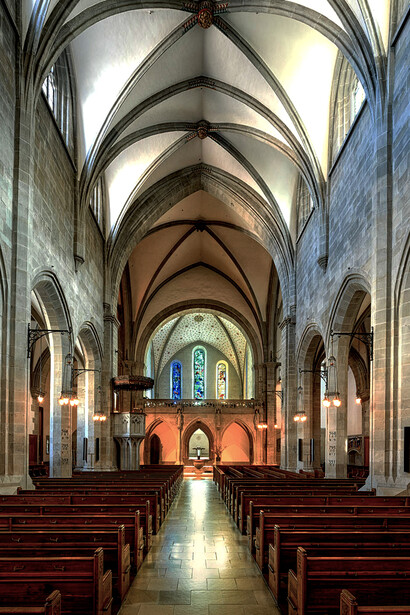 Fraumünster interior Zurich Switzerland, church nave, stained glass windows, historic religious architecture