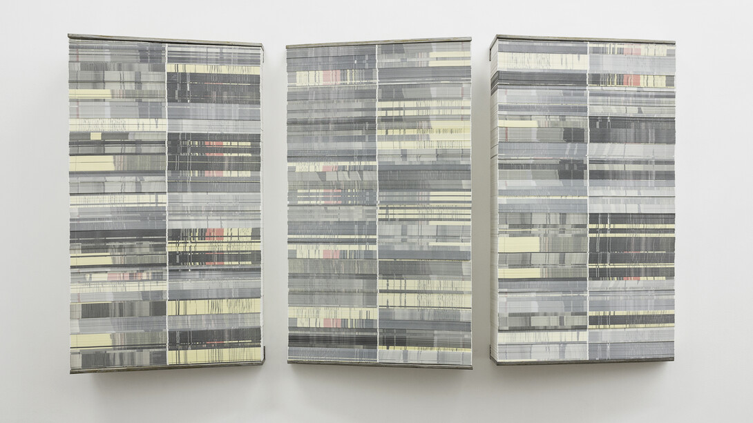 Exhibition view (detail), Mafalda Santos, Carta em três estrofes | Letter in three stanzas #1-#2-#3, 2015, printed paper and metal structure, 90 x 50 cm x depth variable (each), photo: João Ferro Martins, Image courtesy of the artists and 3+1 Arte Contemporânea, Lisbon, Portugal.