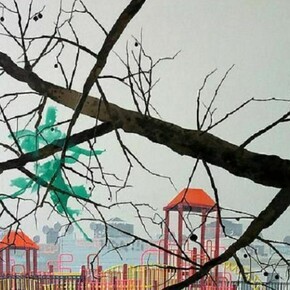 Erik Benson, Playground (Green Bag), 2013, Acrylic on canvas over panel, 30 by 40 inches (76.2 x 101.6 cm)