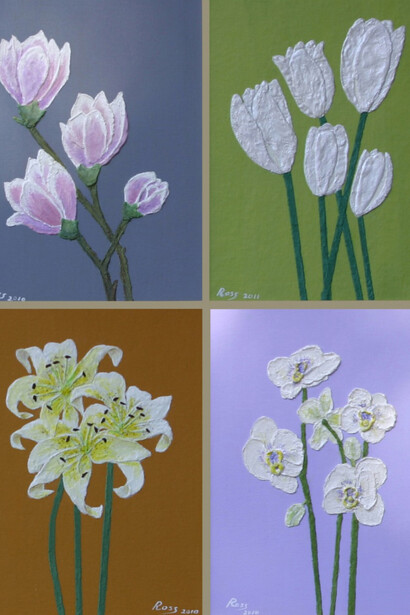 Ross, Balzarini Rosanna, Puzzle di fiori, acrilico e sabbia, 80 x 60