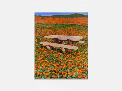 Olivia Hill, Picnic Table in Poppy Field, 2024, oil on canvas, 60 x 48 in (152.4 x 121.9 cm). Courtesy of the artist and Bel Ami Gallery