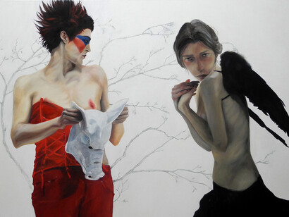 Il processo del mutamento, olio e matita su tela, 2014, 136x149 cm