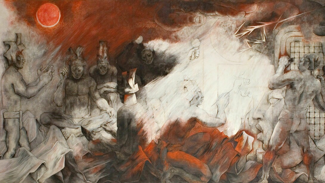 Popol Vuh, Oriente (1978), mural de Fernando Castro Pacheco en el Palacio de Gobierno de Yucatán. Esta obra expone al arte como testimonio de la resistencia histórica y la pluralidad cultural de la nación