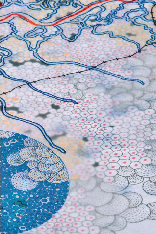 Tiffany Chung. Detail. flora and fauna outgrowing the future (detail), 2010, ink and oil on vellum and paper, 110 x 70 cm (43.3 x 27.6 in)