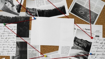 A corkboard displaying a chaotic arrangement of potential evidence – photographs, text fragments, and connections made with red string – visually encapsulates the intricate and often perplexing nature of true crime stories that captivate consumers