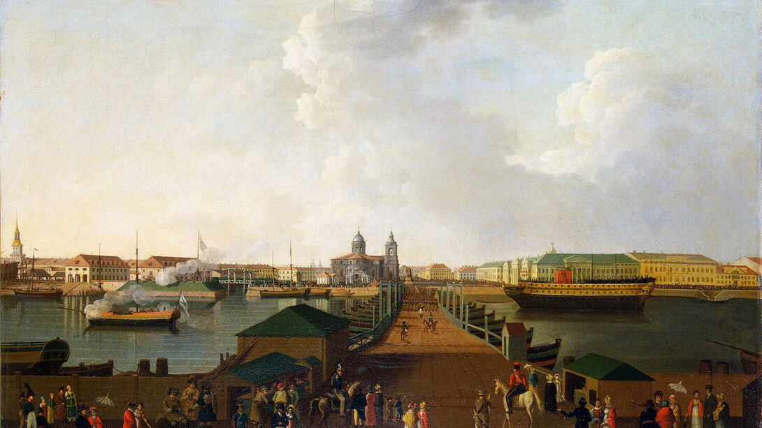 Benjamin Patersen (1749–1815) «Vista de San Petersburgo el día de la celebración del centenario»
circa 1803, óleo sobre lienzo. Museo del Hermitage, San Pietroburgo, Rusia
