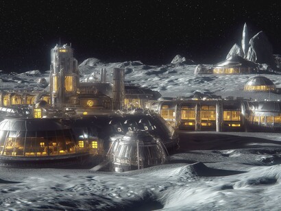 Rappresentazione di un'ipotetica colonia sulla Luna con l'ausilio dell'intelligenza artificiale