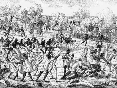 This vivid depiction of the 1791 Haitian uprising shows enslaved people rising in organized revolt, echoing the same fight for liberation seen in Gabriel and Vesey’s thwarted plans—sabotaged by African Blood Betrayers who chose loyalty to masters over freedom for their own.