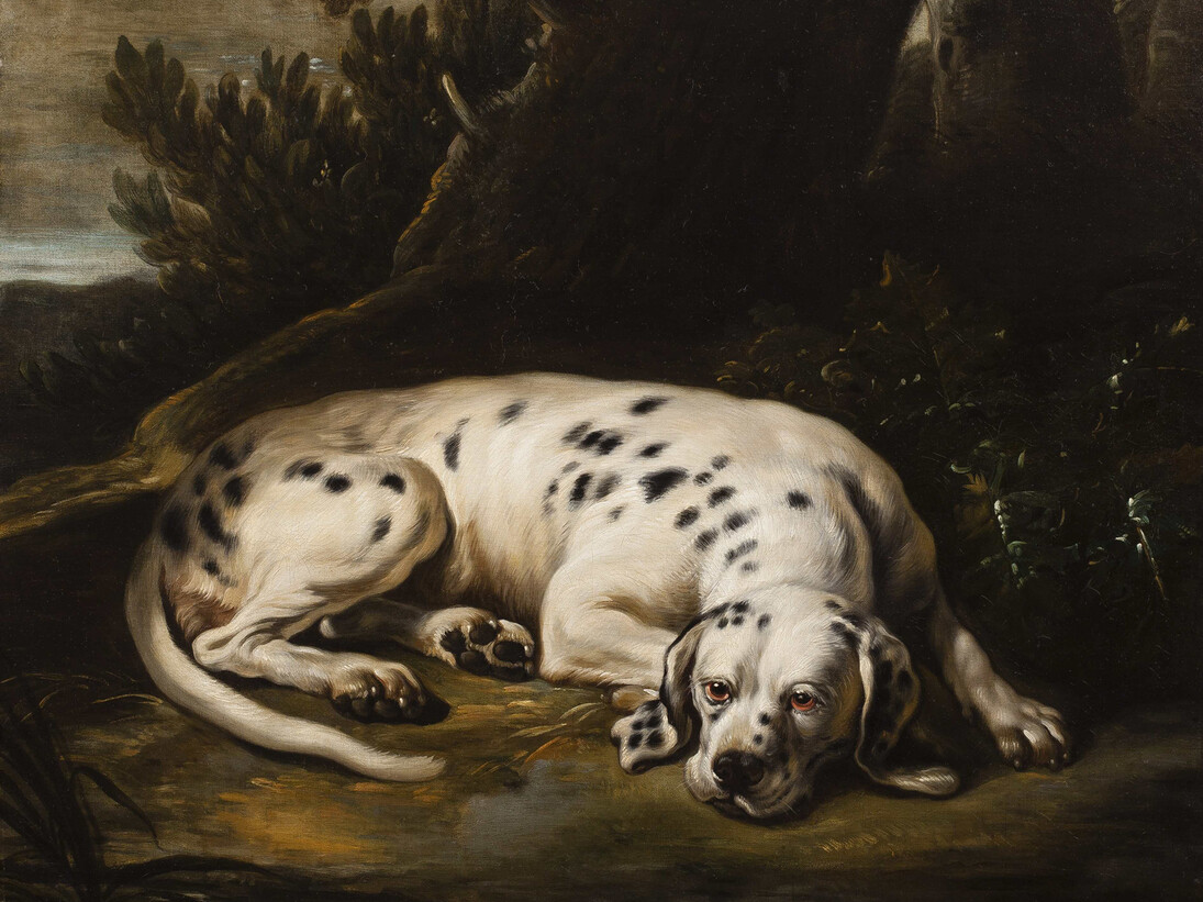 Baldassare De Caro, A Spotted Hound Resting by a Tree in a Wooded Landscape, Provenance: The Collection of Sir Albert Richardson, P.R.A.