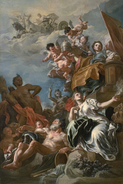 Francesco Solimena
Italian, 1657–1747
Allegory of the Four Parts of the World
1738
Oil on canvas
50 x 72 ½ (127.0 x 184.2 cm)
Sidney and Lois Eskenazi Museum of Art, Gift of Dr. and Mrs. Henry R. Hope