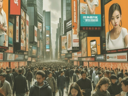 Amidst the bustling street, a crowd of people, each absorbed in their own digital world, are surrounded by flashing ads, billboards, and constant media bombardment, reflecting how we’re all increasingly overloaded by corporate influence