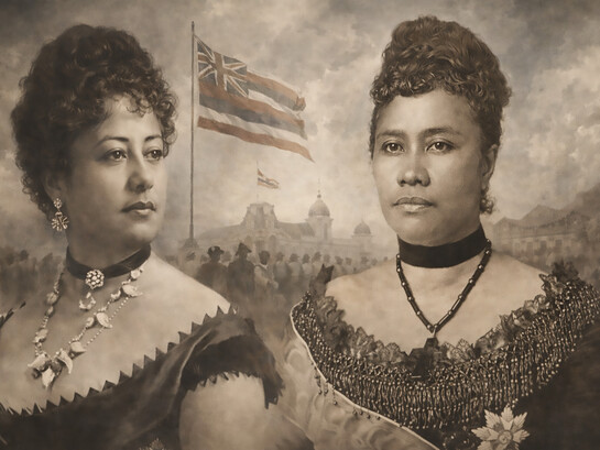 Queen Emma and Queen Liliʻuokalani, depicted against the backdrop of the Hawaiian Kingdom, symbolizing competing visions of sovereignty, legitimacy, and female authority during a pivotal moment in Hawaiʻi’s political history