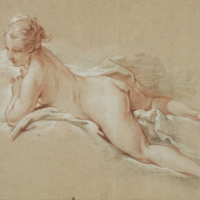 François Boucher, Femme nue allongée, vers 1740. Sanguine, pierre noire et craie blanche sur papier crème.
© The Horvitz Collection – Photo : M.Gould