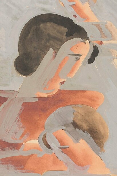 "Enfrentados (estudio en rojo)", témpera sobre madera, Oskar Schlemmer, 1928