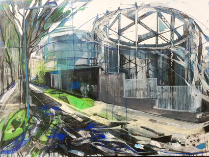 TorinoNowhere 3, 2014, tecnica mista su carta applicata su tela, 100 x 150 cm