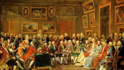 «Lectura de la tragedia 'El huérfano de la China' de Voltaire en el salón de madame Geoffrin», cuadro de Anicet Charles Gabriel Lemonnier en el que aparecen las principales figuras de la Ilustración francesa (Rousseau, Diderot, d'Alembert, Buffon o Quesnay, además del busto de Voltaire, quien, el año en que se ubica el evento, estaba en el exilio)