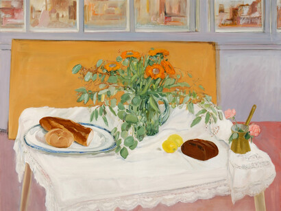 Jane Freilicher (American, born 1924), The Lace Tablecloth, 1972, Oil on canvas
50 x 60 1/8 inches, Parrish Art Museum, Water Mill, N.Y., Gift of Eugenia Doll
