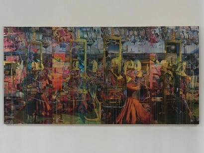 Elliott Hundley, The Hesitant Hour, 2014, Wood, foam, paper, inkjet print on gold leaf, pins, string, oil paint, 96 x 192 x 10.75 inches (243.8 x 487.7 x 27.3 cm)