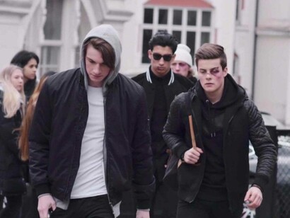 In a scene from the hit Norwegian show Skam, teens are walking away with heads downs