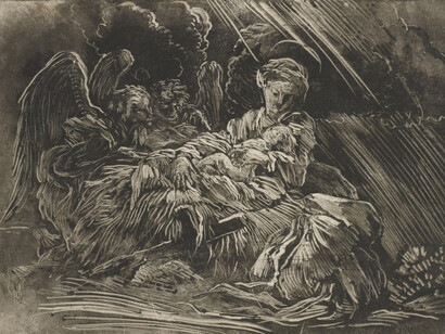 Giovanni Benedetto Castiglione, The Nativity with Angels, c. 1655. Monotype, 24.7 x 37.3 cm.
Royal Collection Trust, London.