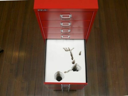 Flat File Globe 3A Red Version, 2007 Yupo, foam board, metal cabinet 37 x 13 3/4 x 18 1/8 inches