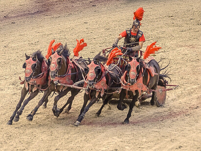 Quadriga romana. I cavalli, in tempi antichi erano per la maggior parte più piccoli rispetto a quelli odierni, forse poco più grandi dei nostri pony