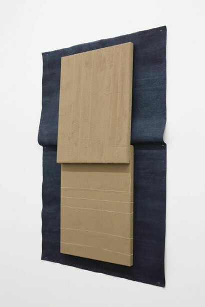 N. Dash, Untitled, 2013, Adobe, indigo, acrylic medium, jute, linen, twine, wood support, 56 x 37 inches