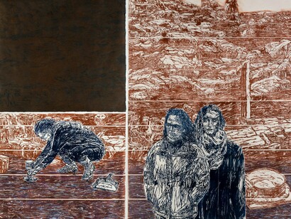 Orit Hofshi,
Absorption (detail), 2021,
Hand Printed Woodcut, Rubbing and Color Pencil Drawing on Handmade Kozo & Abaca Paper,
 71" x 91 1/2" (180.5 x 232.5 cm). Courtesy of the artist and Yossi Milo Gallery