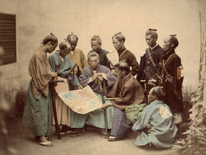 Fotografía de guerreros samuráis de la provincia de Satsuma durante la Guerra Boshin
