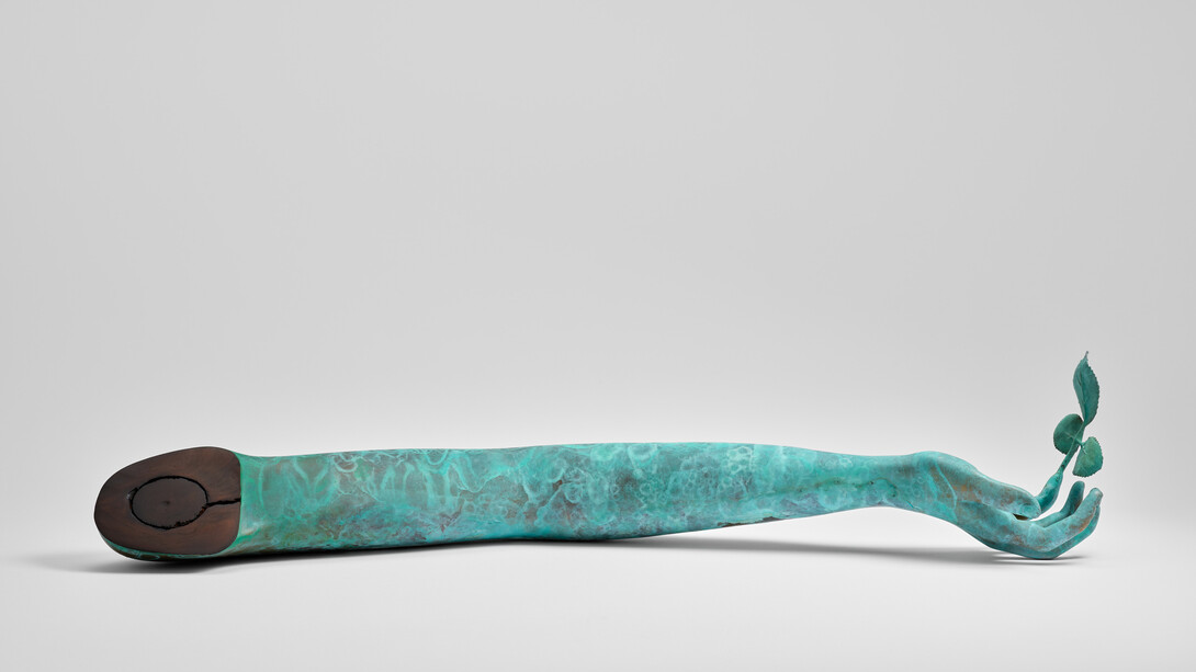Isabelle Albuquerque, Fallen Limb, 2023. Bronze, cupric nitrate, aleppo pine, 20.32h x 25.40w x 78.74d cm, 8h x 10w x 31d in, Ed. of 3, + 1/2 AP. Courtesy of Nicodim Gallery