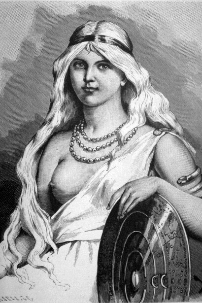 "Freya-Menglad" (1893) por Jenny Nyström. Freya é representada em uma composição que associa a deusa à figura de Menglad, personagem que aparece no poema Fjölsvinnsmál. A imagem evoca a dimensão amorosa e desejante de Freya, cuja presença na mitologia nórdica ultrapassa a ideia de uma divindade ligada apenas à fertilidade