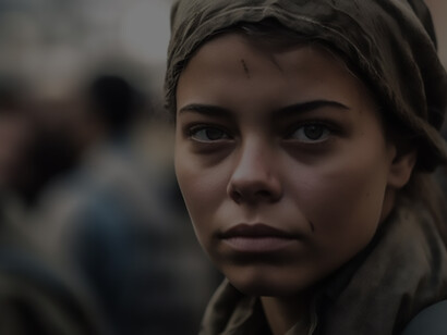 A woman, bearing the visible wounds of war, gazes directly at the camera, reflecting the resilience and strength in her eyes