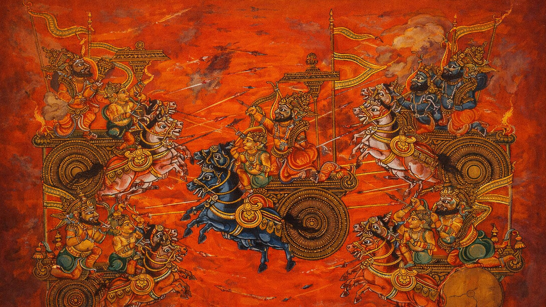 A manuscript illustration (18th c.) of the Kurukshetra War, fought between the Kauravas and the Pandavas, recorded in the Indian epic Mahābhārāta