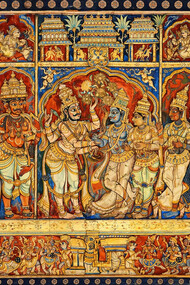 The bottom tier depicts gods seated on their respective vahanas, while the upper tier features a band of musicians playing instruments, Virupaksha Temple, Hampi, India