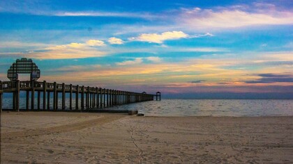 Pascagoula beach and pier, Mississippi, USA