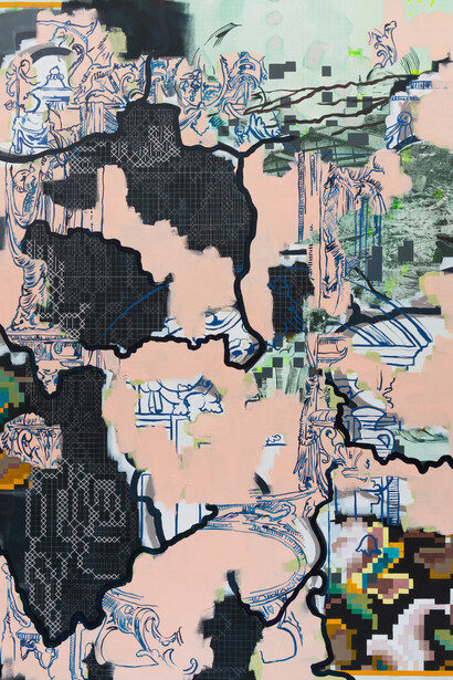 Diana Taylor 'Unfinished Tapestry by the Fireplace' 2017-2018, oil, acrylic and emroidery thread on canvas