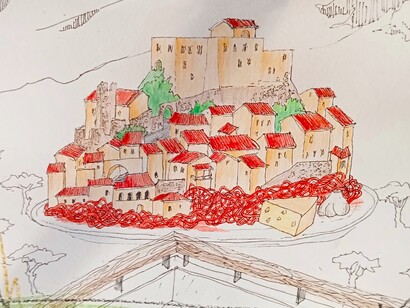 Poggio Nativo: "respira desde un mirador, espacio de todos" (respira da un belvedere, spazio di tutti). Disegno di Renato Vivaldi-Tesser